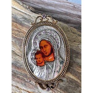 Oval Virgin Mary Child Rhinestone Brooch Pendant Vatican Library Collection